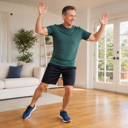 Man doing a low-impact step-touch cardio move at home