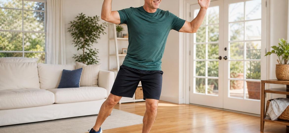 Man doing a low-impact step-touch cardio move at home