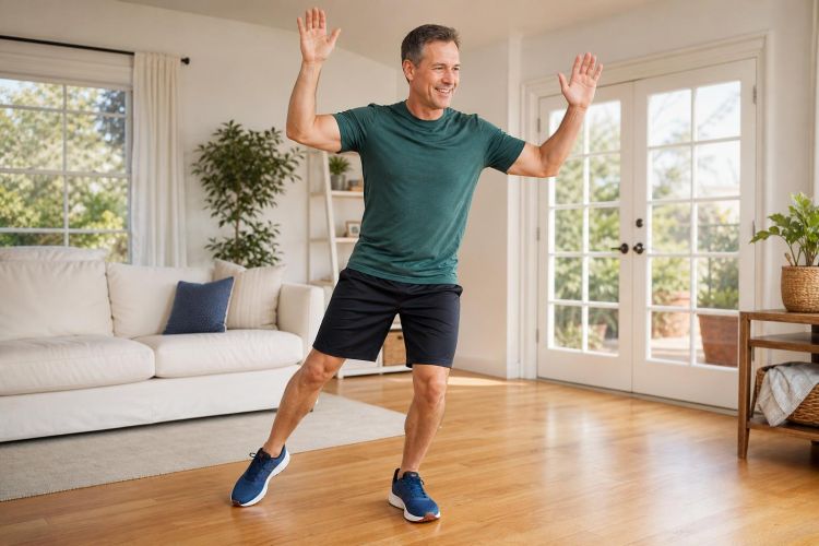Man doing a low-impact step-touch cardio move at home