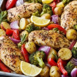 Lemon herb chicken with roasted potatoes, broccoli and peppers on a sheet pan