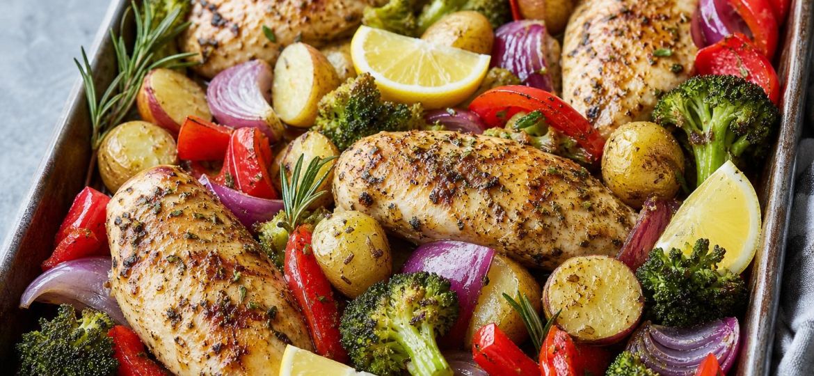 Lemon herb chicken with roasted potatoes, broccoli and peppers on a sheet pan
