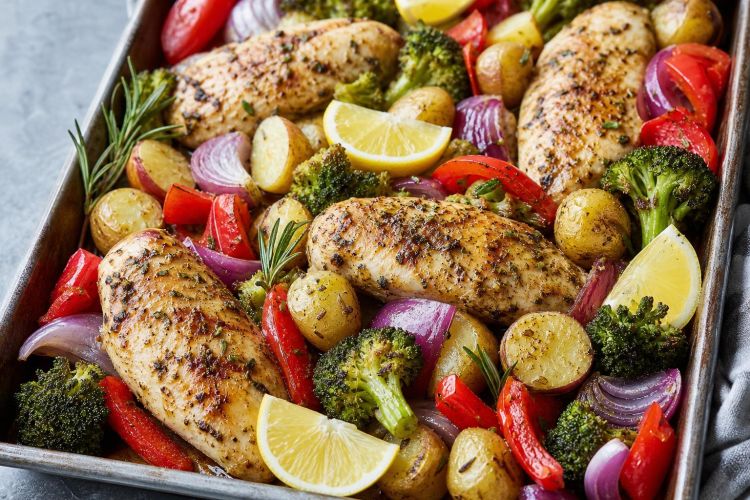 Lemon herb chicken with roasted potatoes, broccoli and peppers on a sheet pan