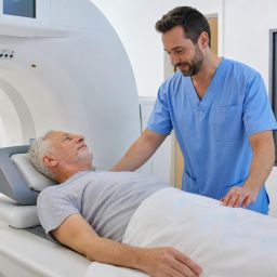 Man in his sixties on a CT scanner table with a radiology technician