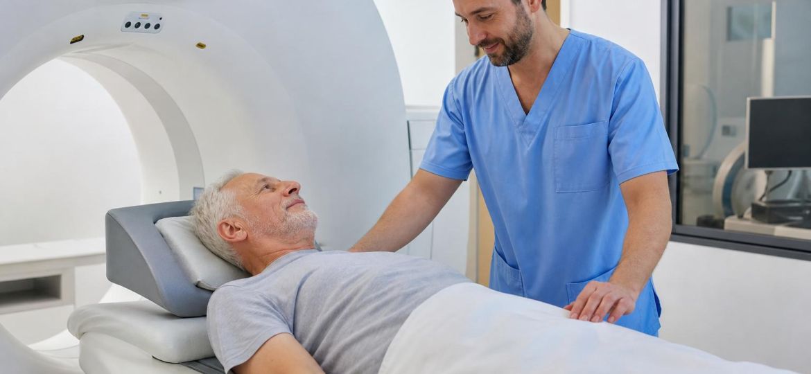 Man in his sixties on a CT scanner table with a radiology technician