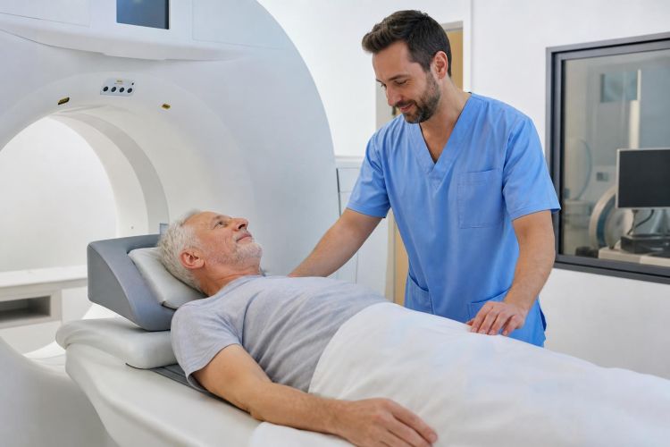 Man in his sixties on a CT scanner table with a radiology technician