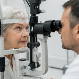 Older woman having an eye exam with an ophthalmologist at a slit-lamp microscope