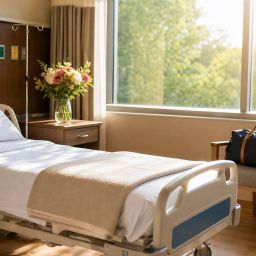 Bright hospital room with a made bed, a packed bag and flowers by a sunny window