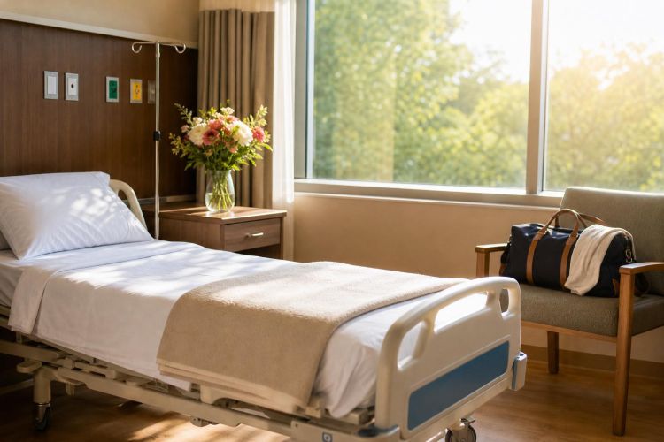 Bright hospital room with a made bed, a packed bag and flowers by a sunny window