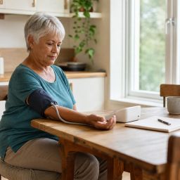 Older woman measuring her blood pressure at the kitchen table with an upper-arm cuff