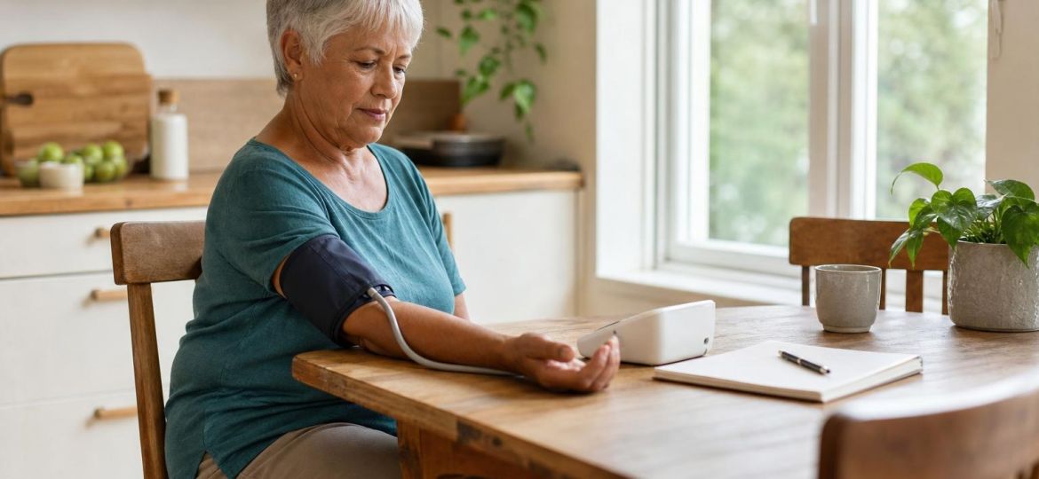 Older woman measuring her blood pressure at the kitchen table with an upper-arm cuff