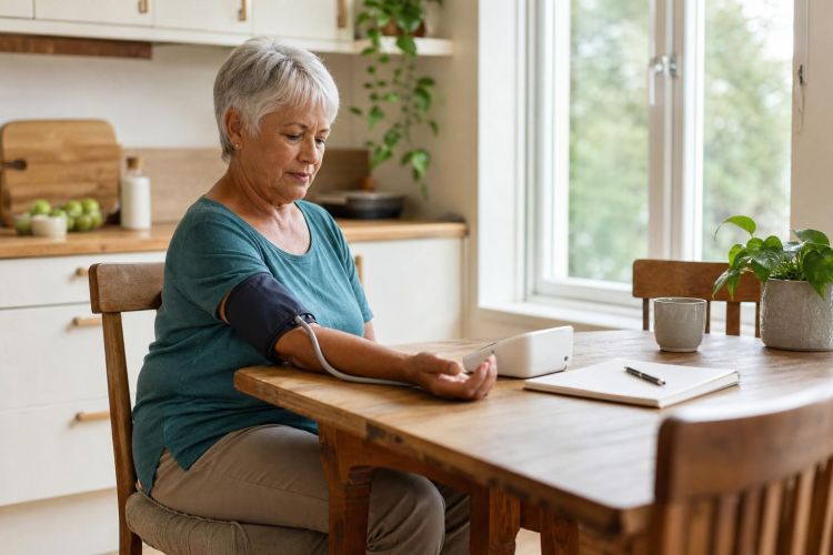 Older woman measuring her blood pressure at the kitchen table with an upper-arm cuff