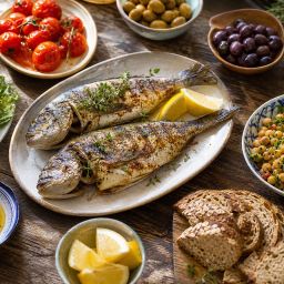 Mediterranean diet foods: fish, olive oil, tomatoes, olives, chickpeas and whole-grain bread