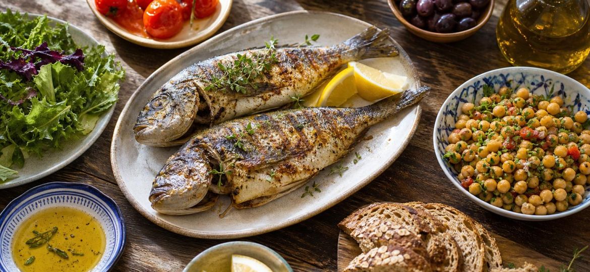 Mediterranean diet foods: fish, olive oil, tomatoes, olives, chickpeas and whole-grain bread