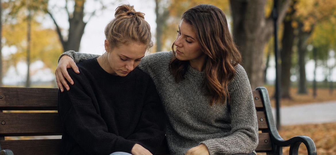 Friend comforting another with an arm around their shoulder on a park bench