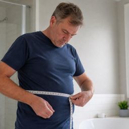 Man measuring his waist with a tape measure