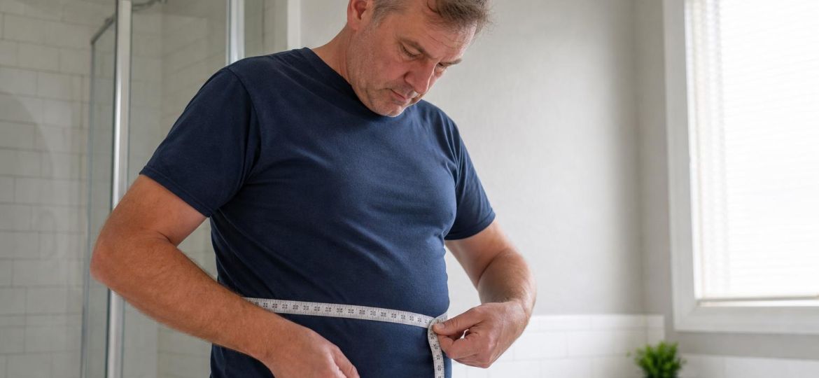 Man measuring his waist with a tape measure