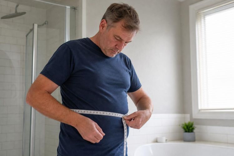 Man measuring his waist with a tape measure