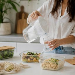 Pouring filtered water from a glass pitcher next to glass food containers