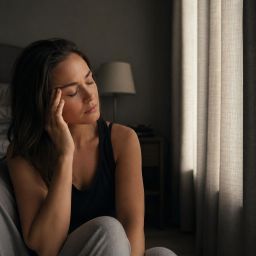 Woman resting in a darkened room with her fingertips on her temple
