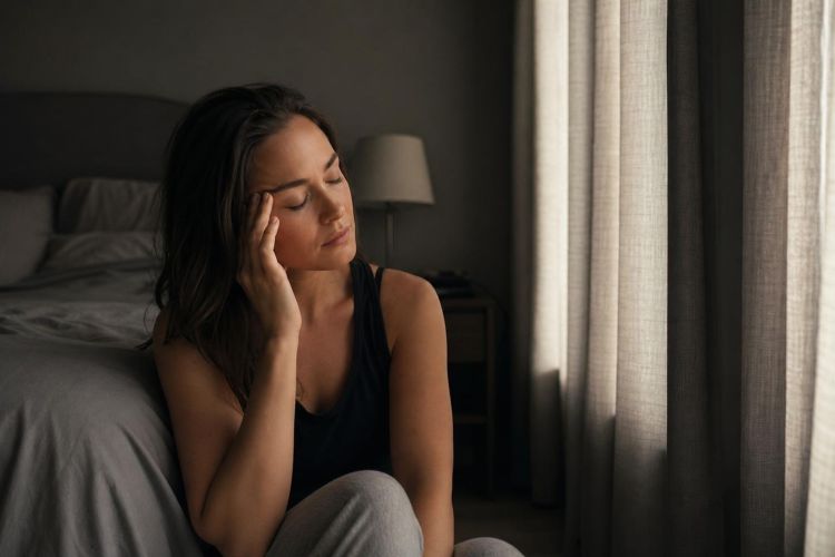 Woman resting in a darkened room with her fingertips on her temple