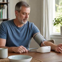 Man checking his blood pressure with an upper-arm cuff at a dining table
