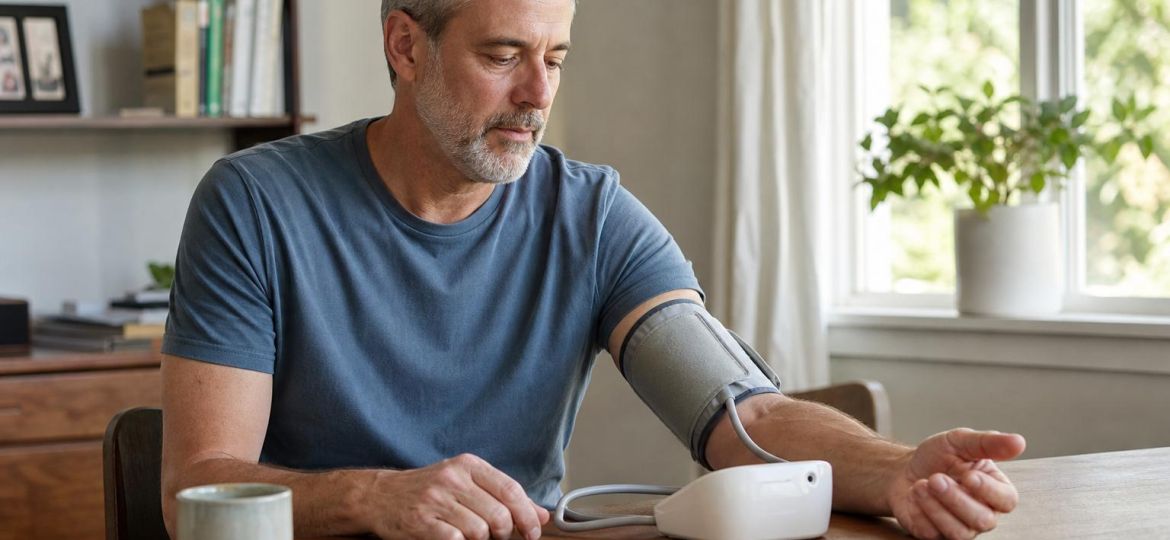 Man checking his blood pressure with an upper-arm cuff at a dining table