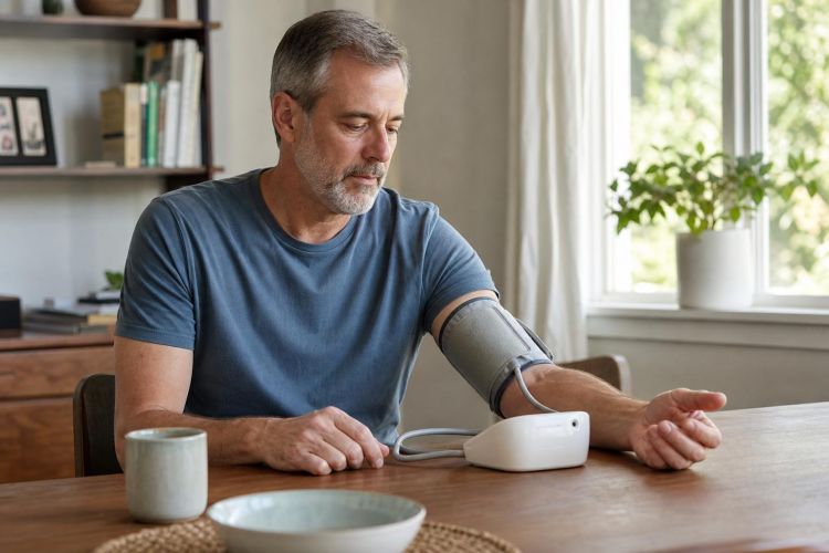 Man checking his blood pressure with an upper-arm cuff at a dining table