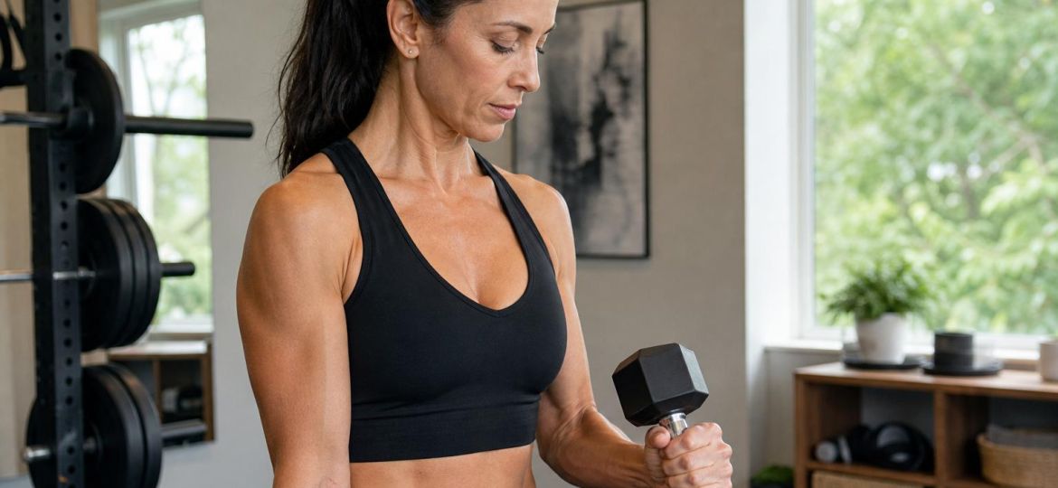 Woman slowly lowering a dumbbell during a biceps curl in a home gym
