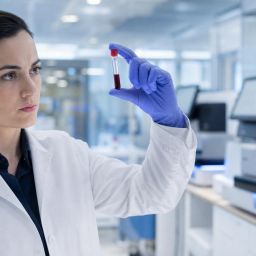 Lab technician holding a blood sample tube in a modern genomics lab