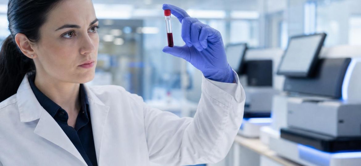 Lab technician holding a blood sample tube in a modern genomics lab