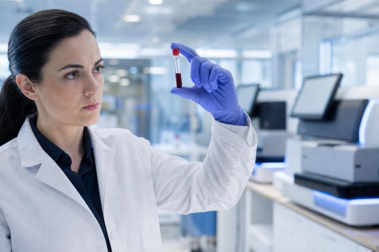 Lab technician holding a blood sample tube in a modern genomics lab
