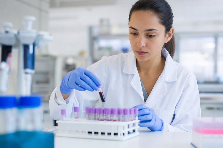 Lab technician placing blood sample tubes into a rack in a research lab