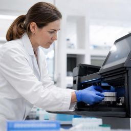 Scientist loading samples into a genetic sequencing machine in a laboratory