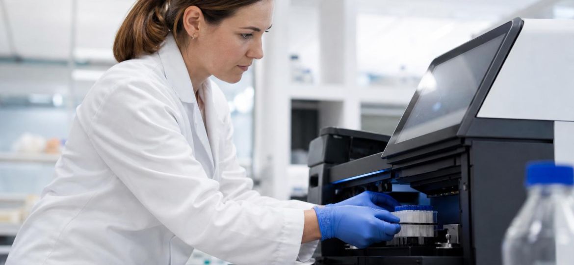Scientist loading samples into a genetic sequencing machine in a laboratory