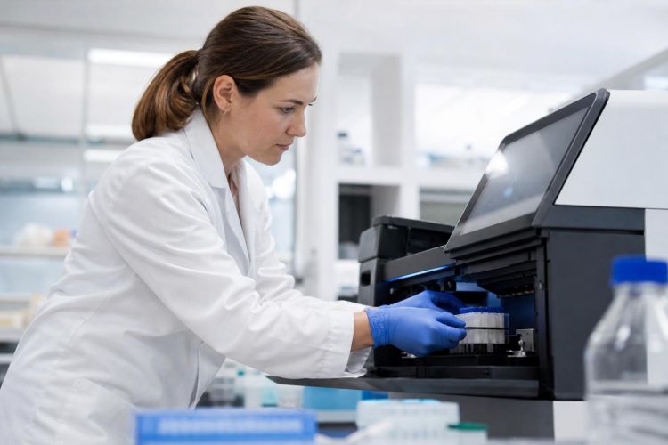 Scientist loading samples into a genetic sequencing machine in a laboratory
