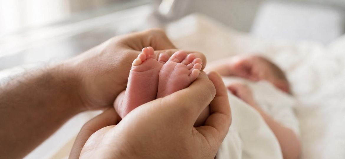 Newborn baby's tiny feet held gently in a parent's hands