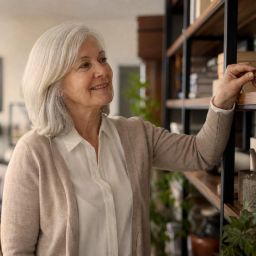 Older woman smiling as she looks for her glasses on a living room bookshelf