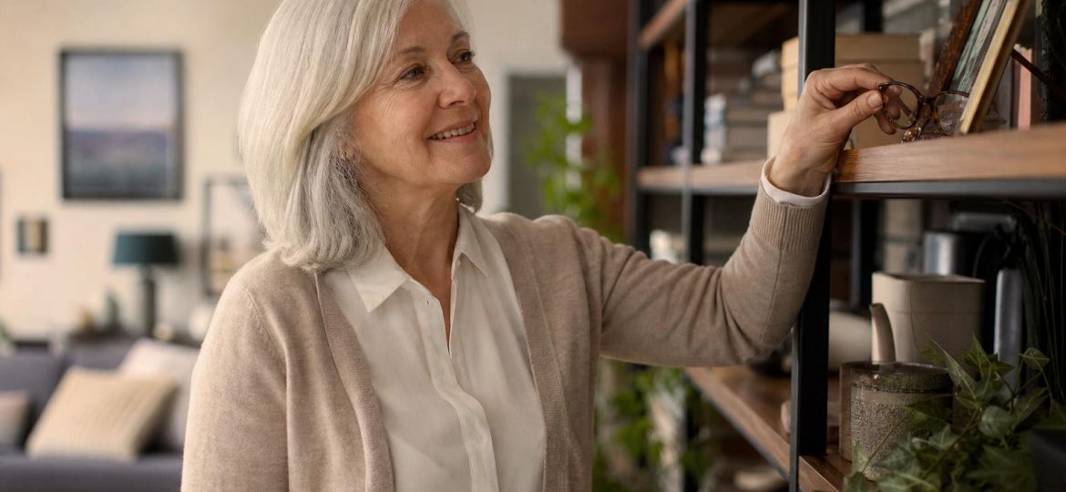 Older woman smiling as she looks for her glasses on a living room bookshelf