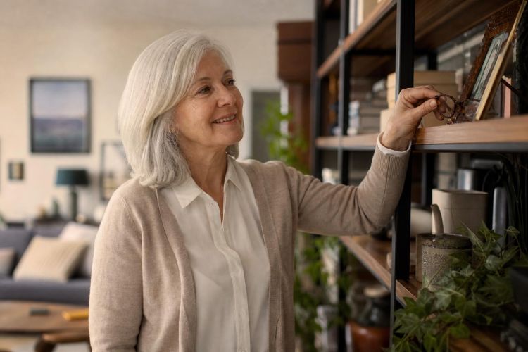 Older woman smiling as she looks for her glasses on a living room bookshelf