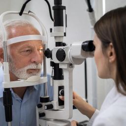 Older man having an eye exam with an ophthalmologist at a slit lamp