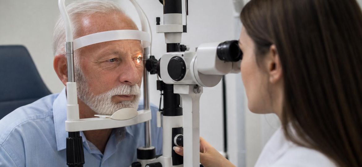 Older man having an eye exam with an ophthalmologist at a slit lamp