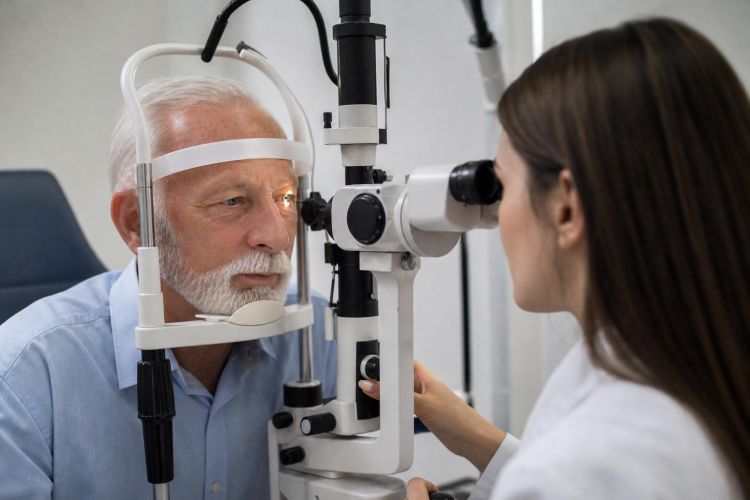 Older man having an eye exam with an ophthalmologist at a slit lamp