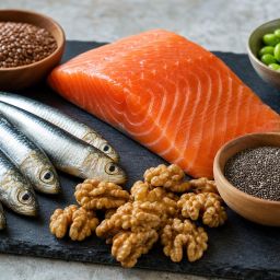 Omega-3 rich foods: salmon, sardines, walnuts, chia seeds and flaxseed