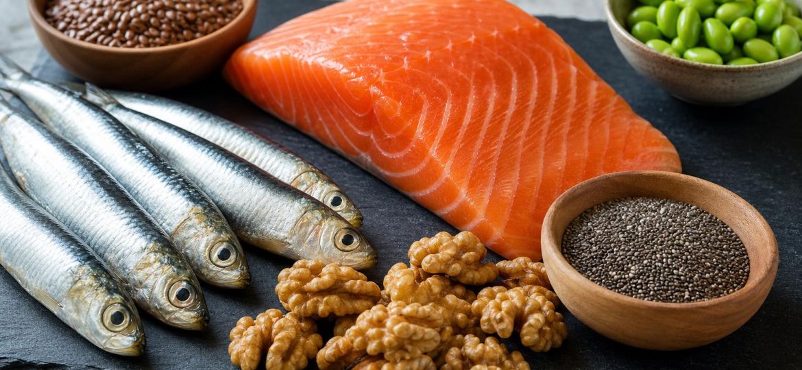 Omega-3 rich foods: salmon, sardines, walnuts, chia seeds and flaxseed