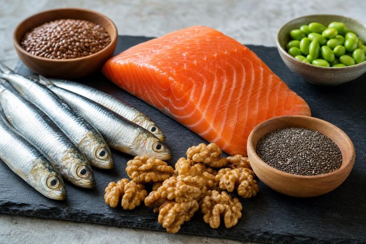Omega-3 rich foods: salmon, sardines, walnuts, chia seeds and flaxseed
