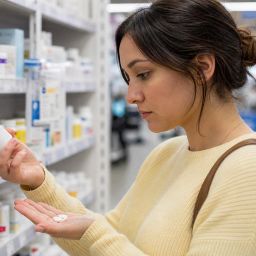 Person reading the label on a pain reliever bottle in a pharmacy