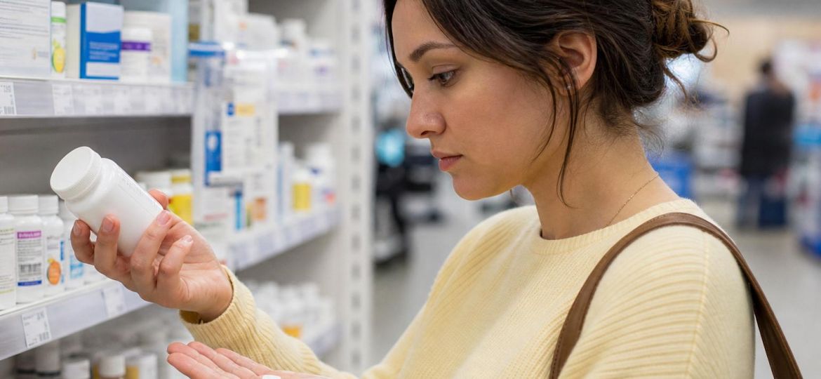 Person reading the label on a pain reliever bottle in a pharmacy
