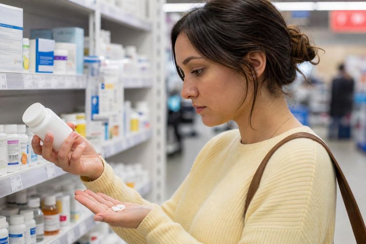 Person reading the label on a pain reliever bottle in a pharmacy