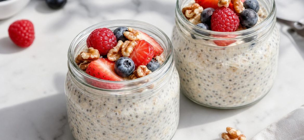 Jars of overnight oats topped with berries, chia seeds and walnuts