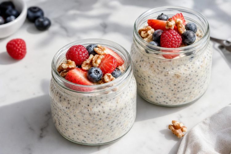 Jars of overnight oats topped with berries, chia seeds and walnuts